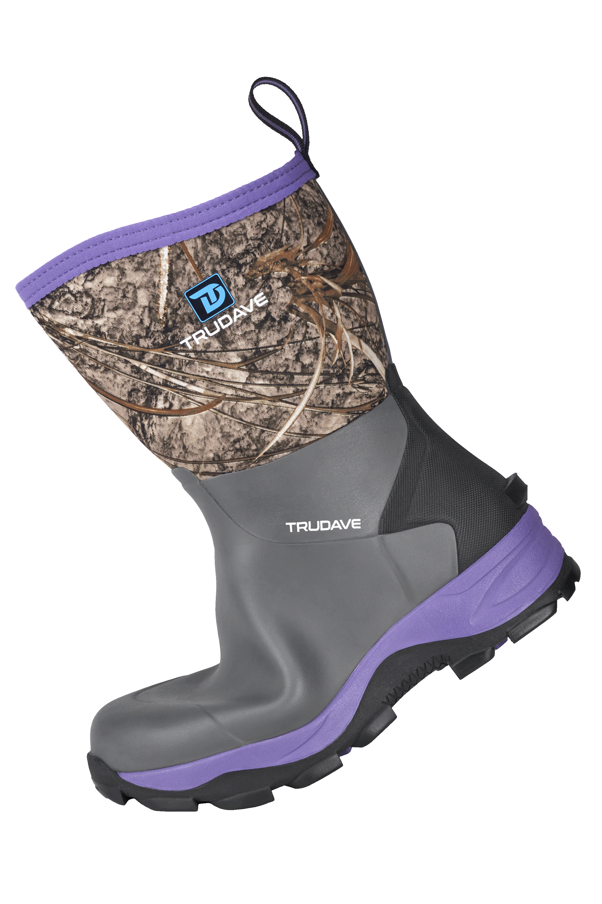 Side view of Trudave MudGuard Series women’s mid-calf waterproof garden boots in purple camo showing flexible heel bend and durable waterproof shell for garden work